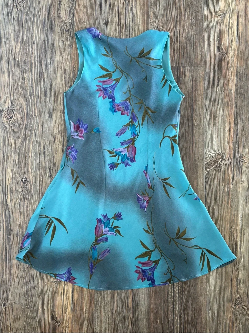 Vtg Wild Thyme Petites Sleeveless V-Neck Dress 10P Aqua Blue Floral Watercolor